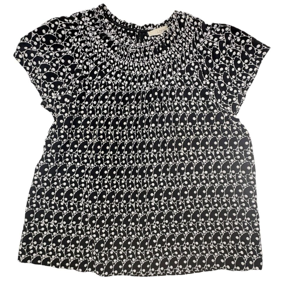 LOFT Smocked Yoke Black White Embroidered Eyelet Blouse XL